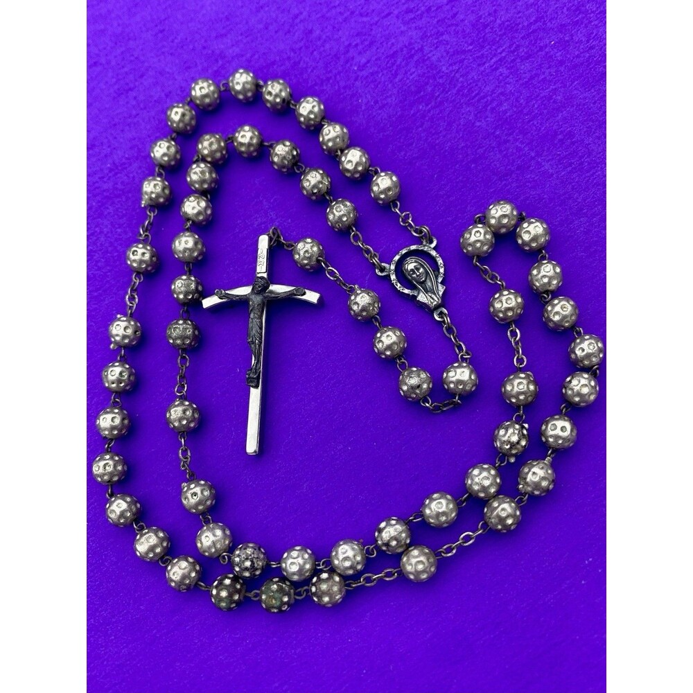 Vintage Textured Metallic Bead Rosary, Mary, Jesus, ITALY, Christianity, 19”